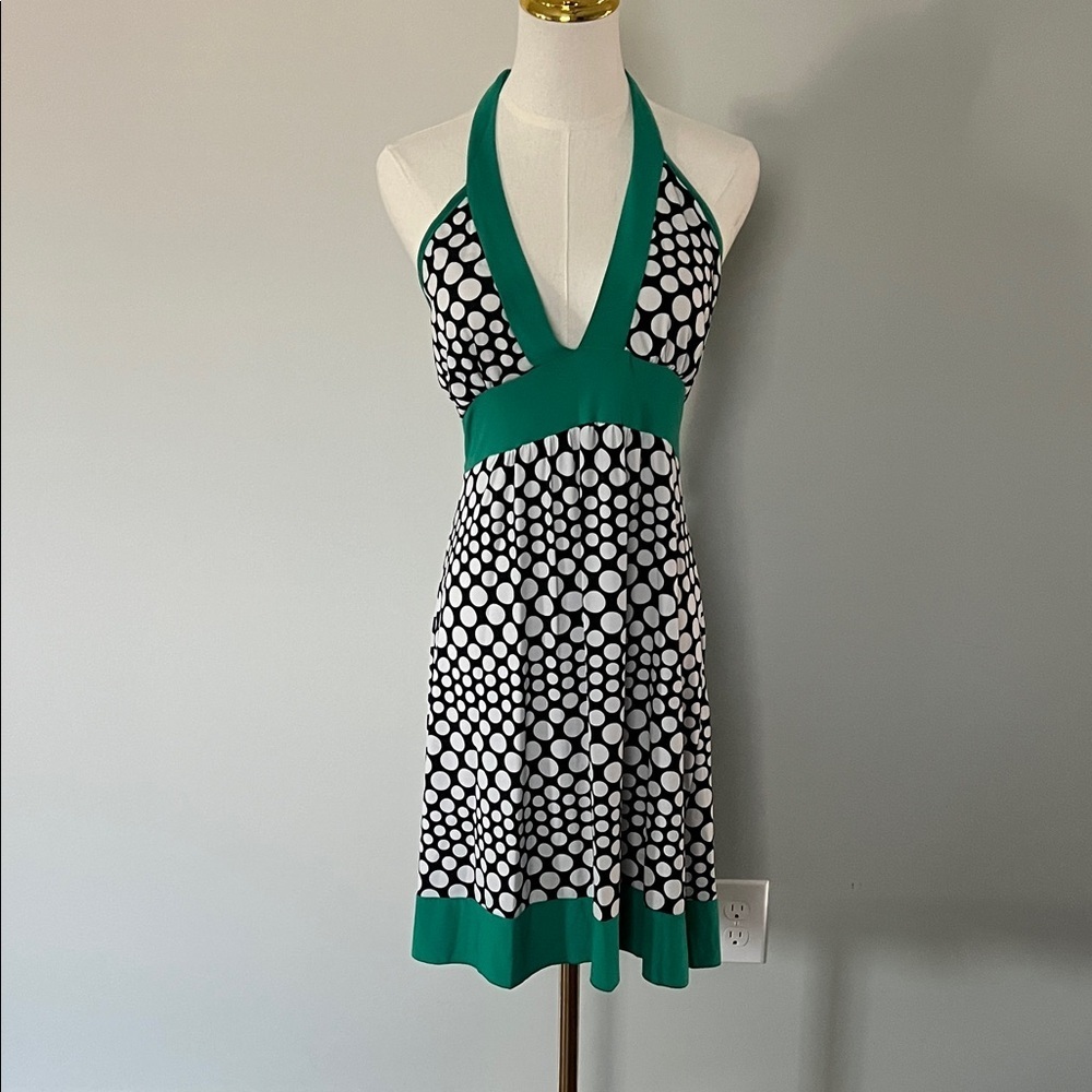 Body Central Black and White Polka Dot Halter Dress with Green Accents